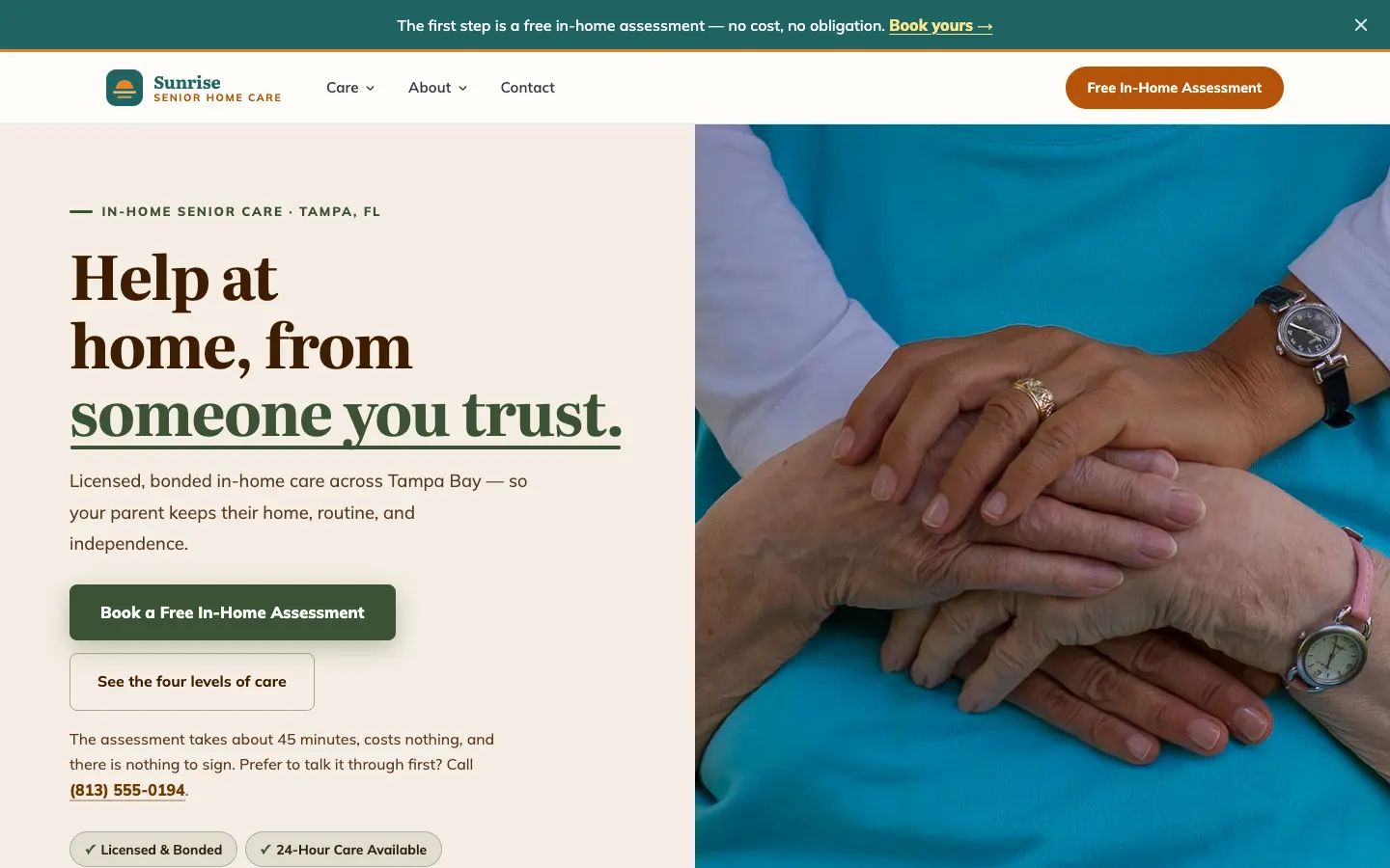 Screenshot of Sunrise Senior Home Care website demo
