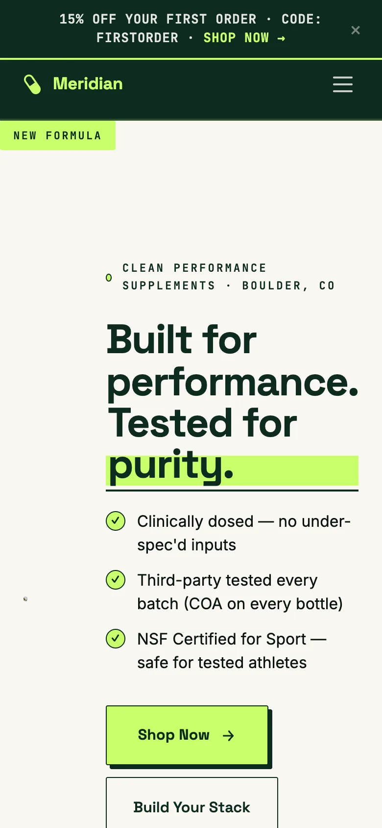A supplements demo storefront on a phone