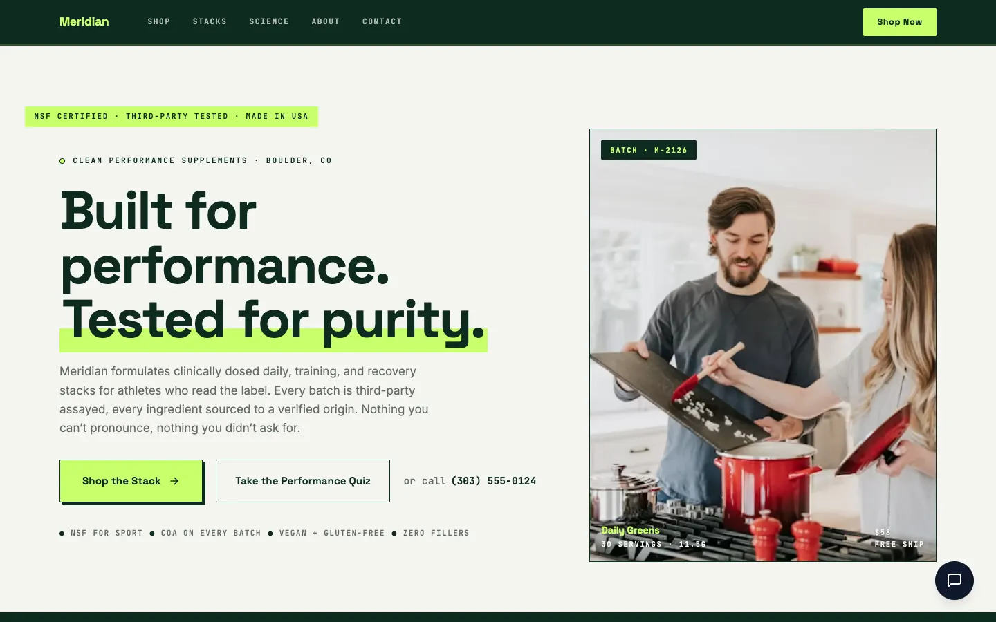 Screenshot of Meridian Nutritionals website demo