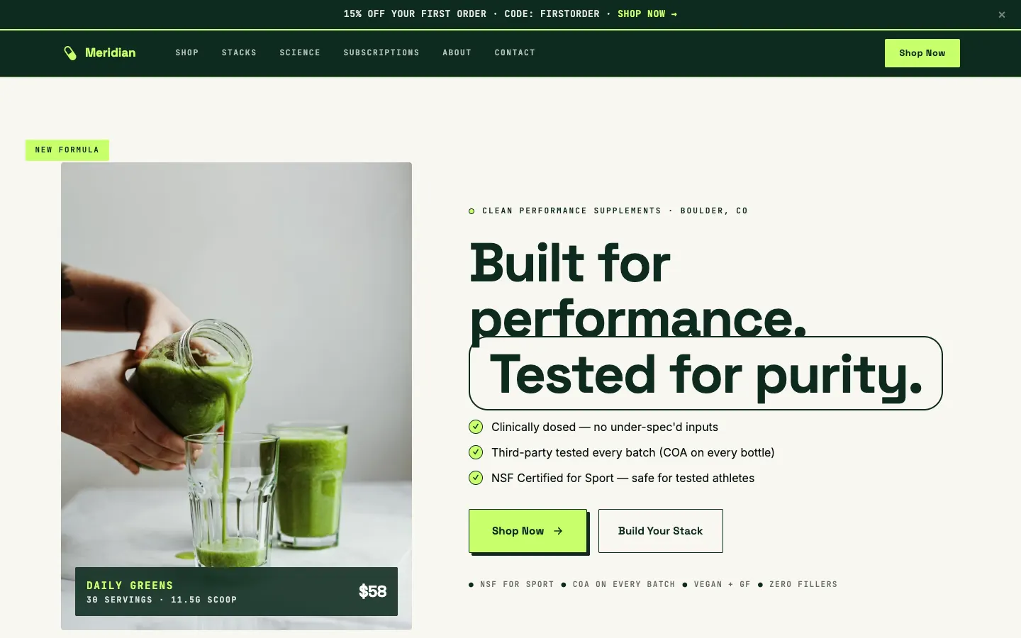 Screenshot of Meridian Nutritionals website demo