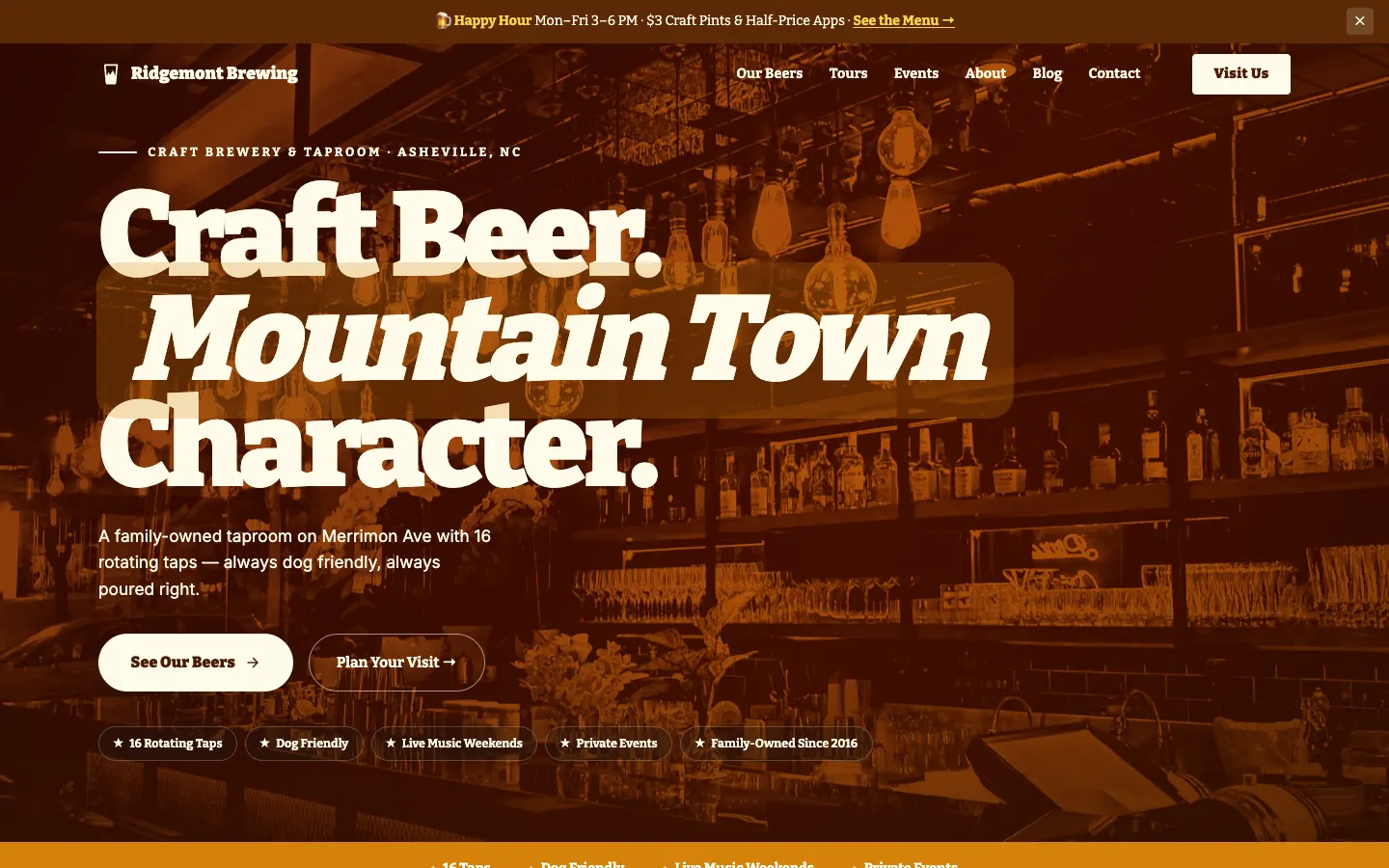Screenshot of Ridgemont Brewing Co. website demo
