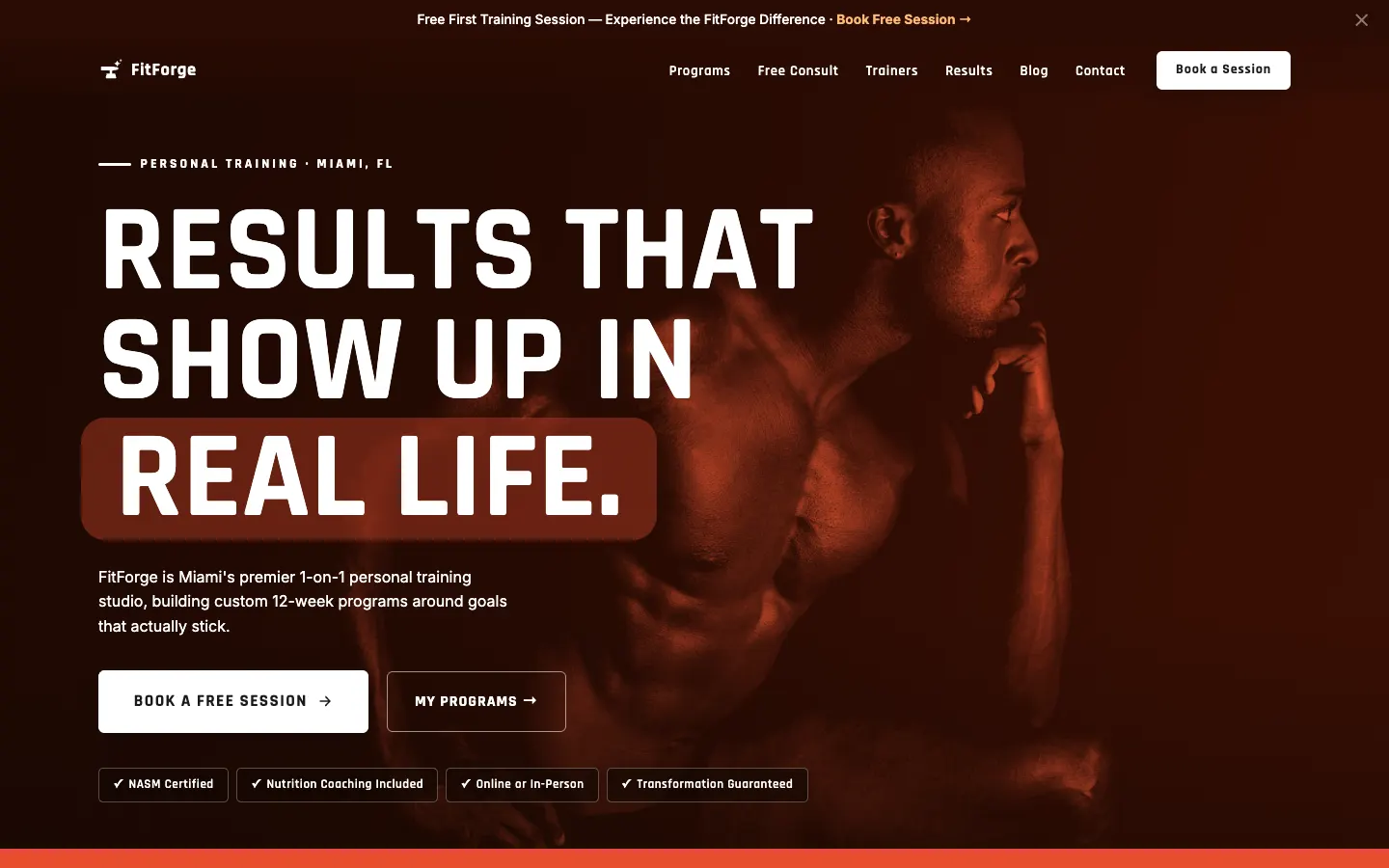 Screenshot of FitForge Personal Training website demo
