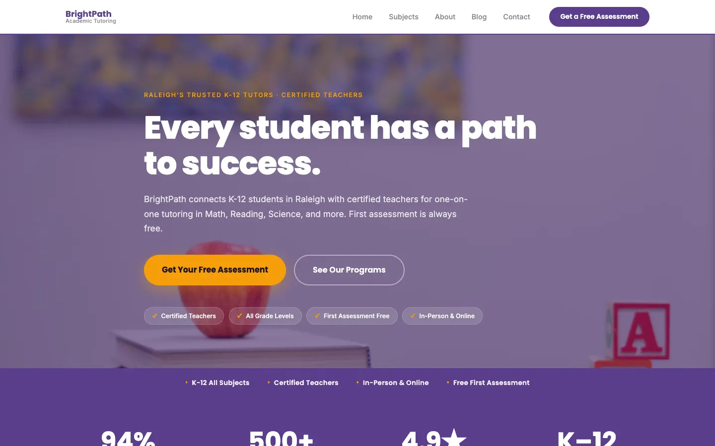 Screenshot of BrightPath Academic Tutoring website demo