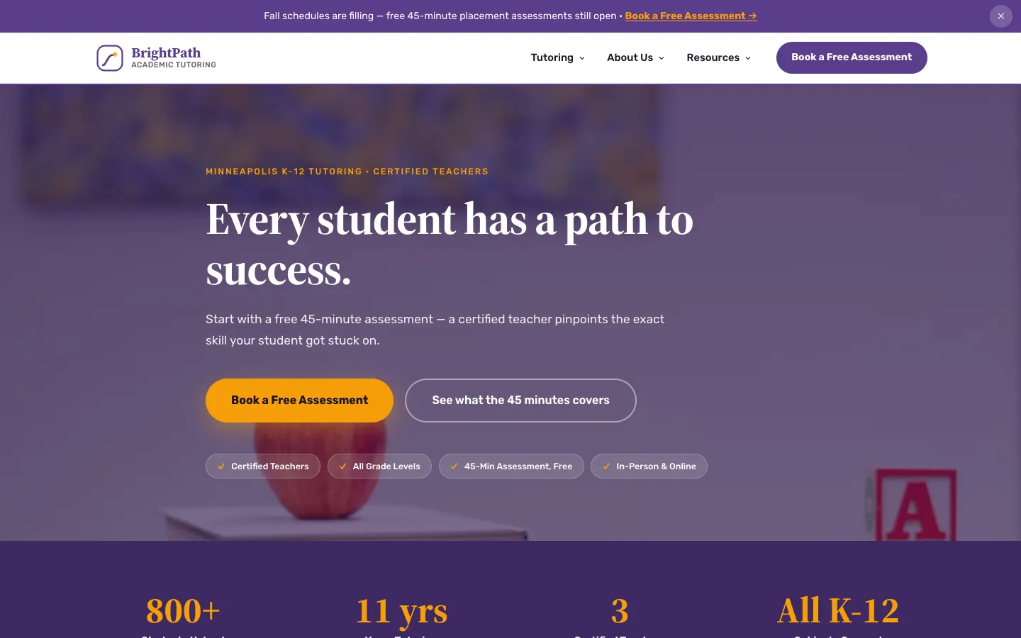 Screenshot of BrightPath Academic Tutoring website demo