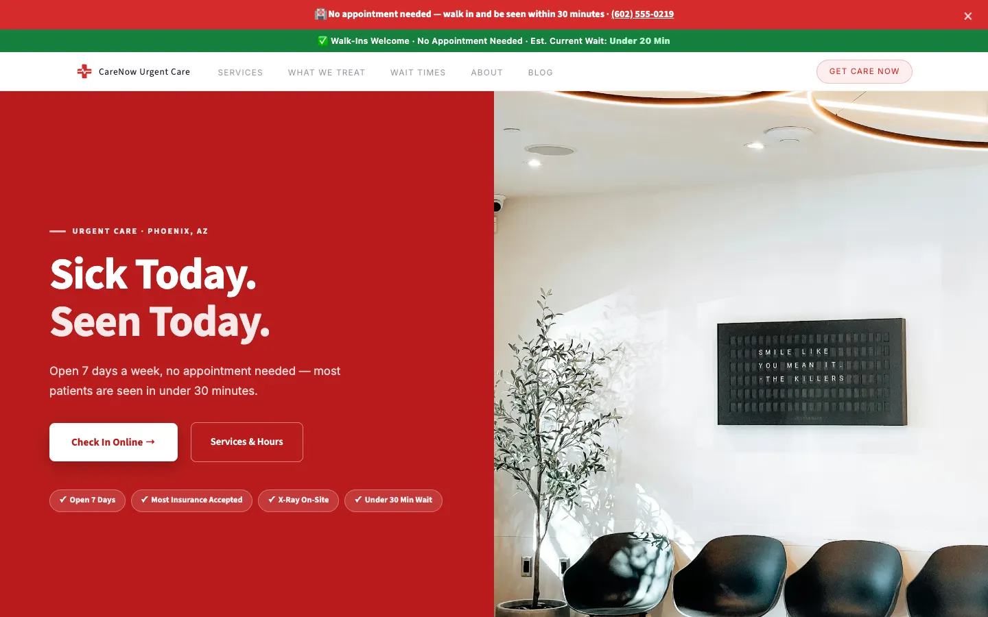 Screenshot of CareNow Urgent Care website demo