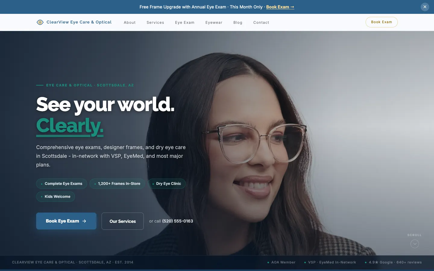 Screenshot of ClearView Eye Care & Optical website demo