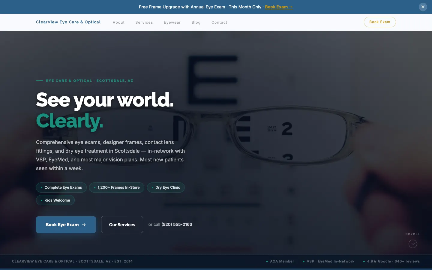 Screenshot of ClearView Eye Care & Optical website demo
