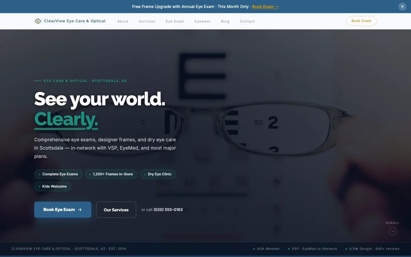 Screenshot of ClearView Eye Care & Optical website demo