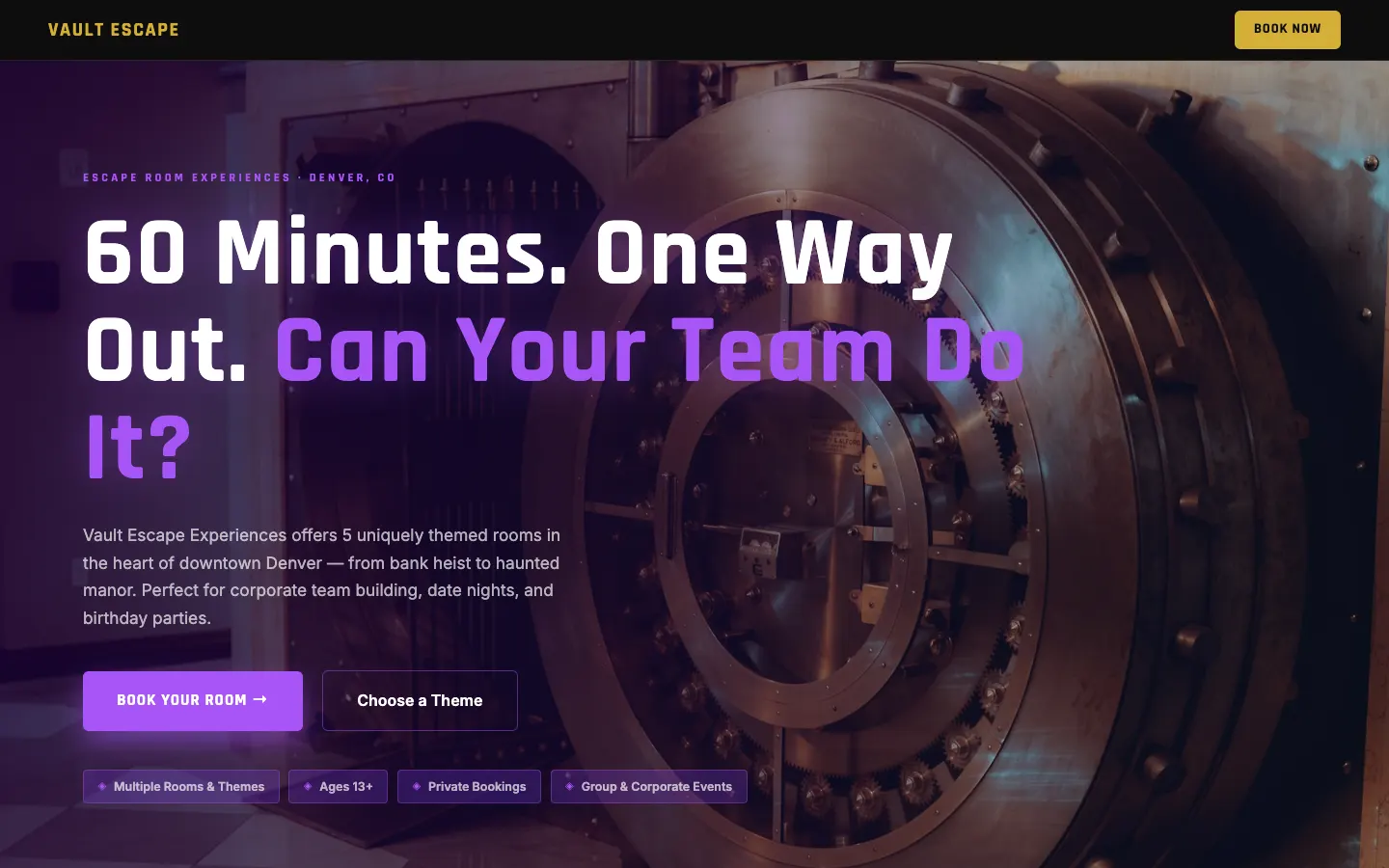 Screenshot of Vault Escape Experiences website demo