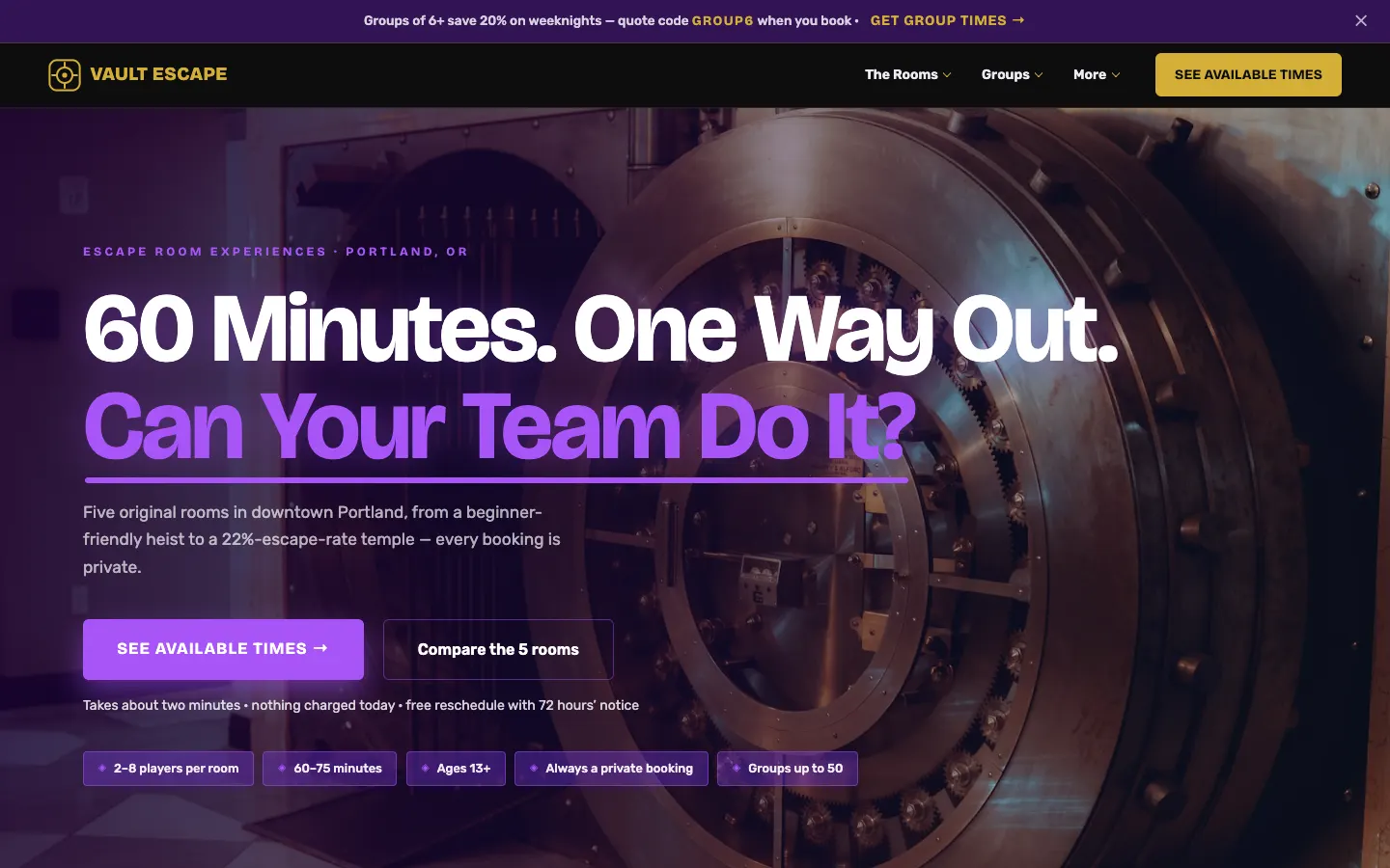 Screenshot of Vault Escape Experiences website demo