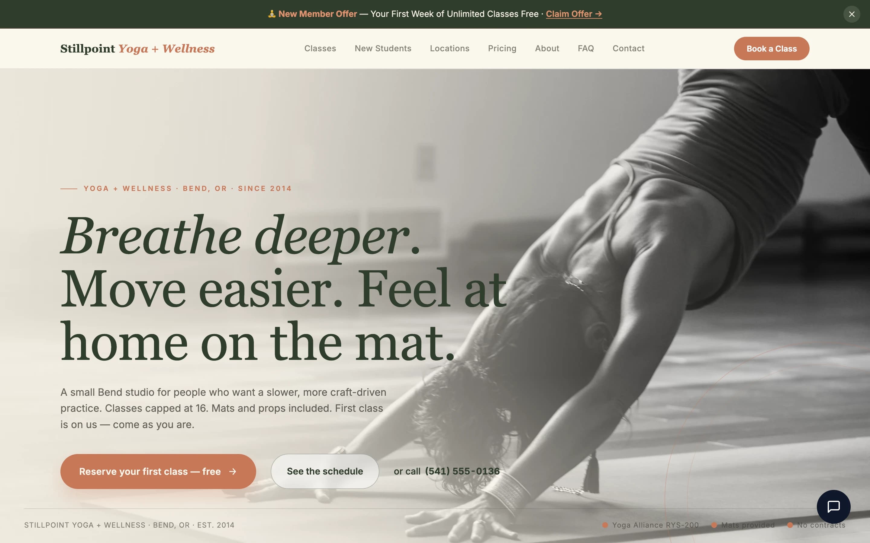 Screenshot of Stillpoint Yoga website demo