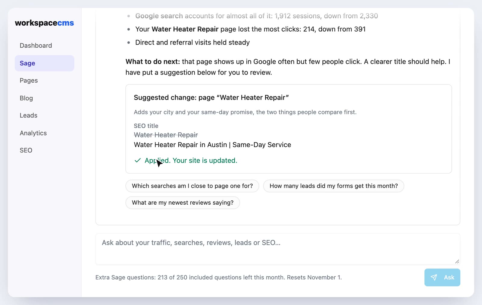 Sage answering a question about website traffic in the WorkspaceCMS dashboard (example data)