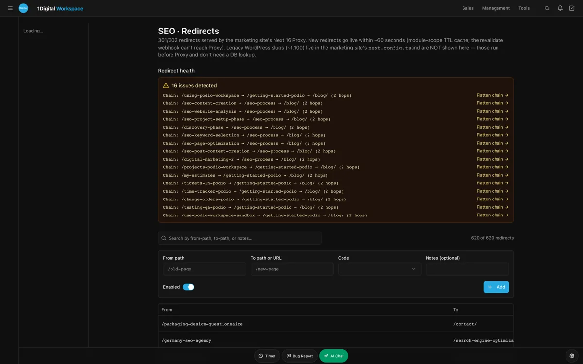 Workspace CMS redirect manager flagging a conflict between an old HVAC service URL and a new one