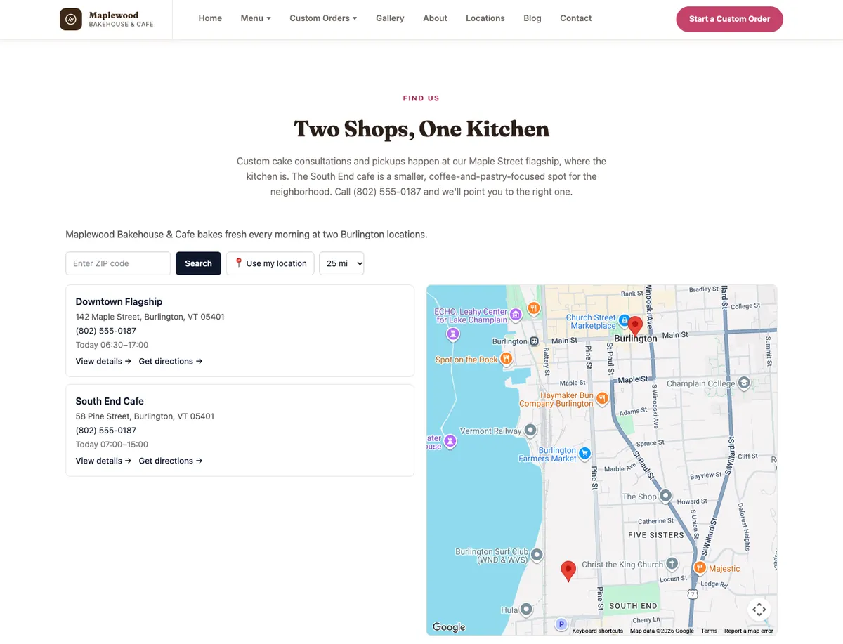 The store locator on the Maplewood Bakehouse & Cafe demo site: a ZIP code search, Use my location and a radius picker above two shops, each with its address, phone, today's hours, View details and Get directions, next to a map with both shops pinned