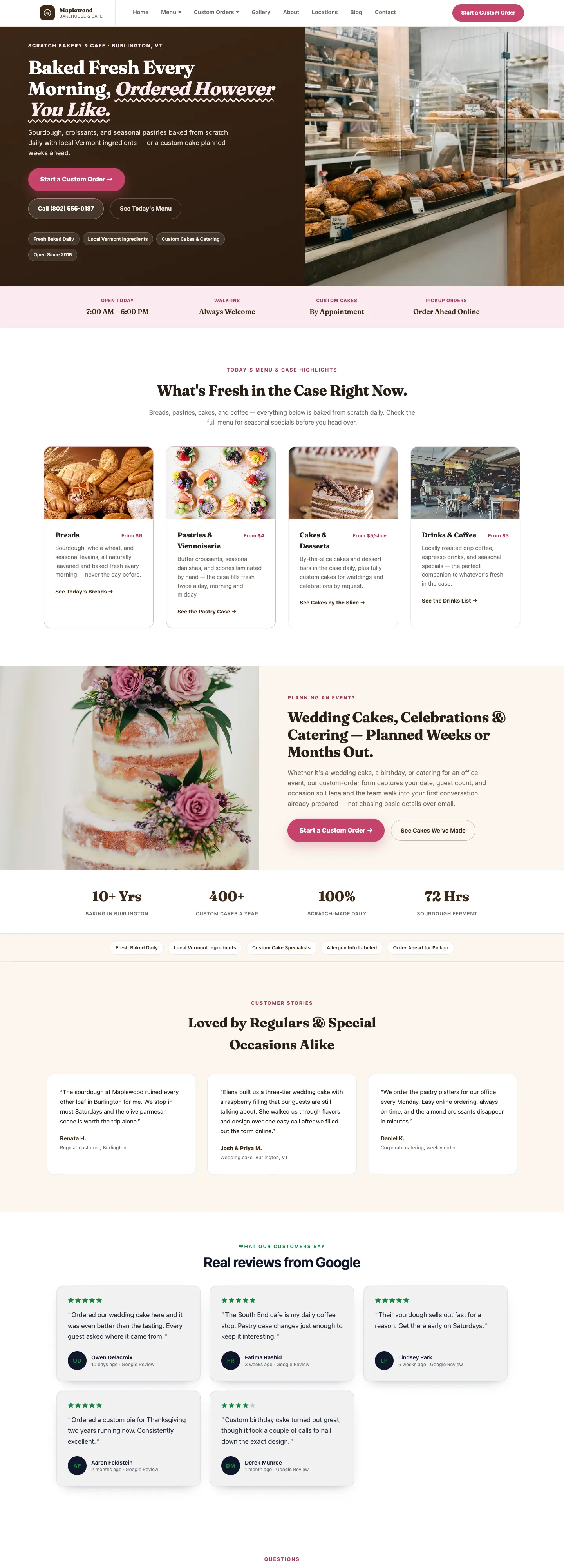 Full home page of Maplewood Bakehouse & Cafe, a bakery & cafe demo site built on WorkspaceCMS