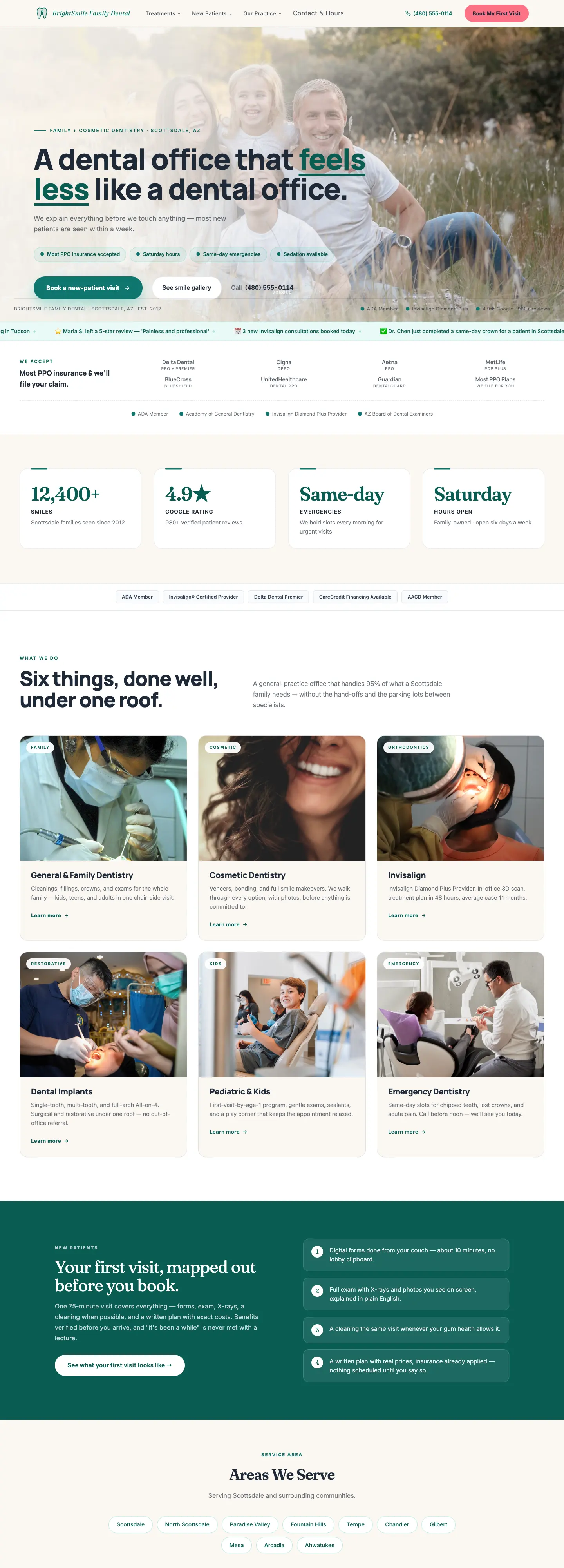 Full home page of BrightSmile Family Dental, a dental demo site built on WorkspaceCMS