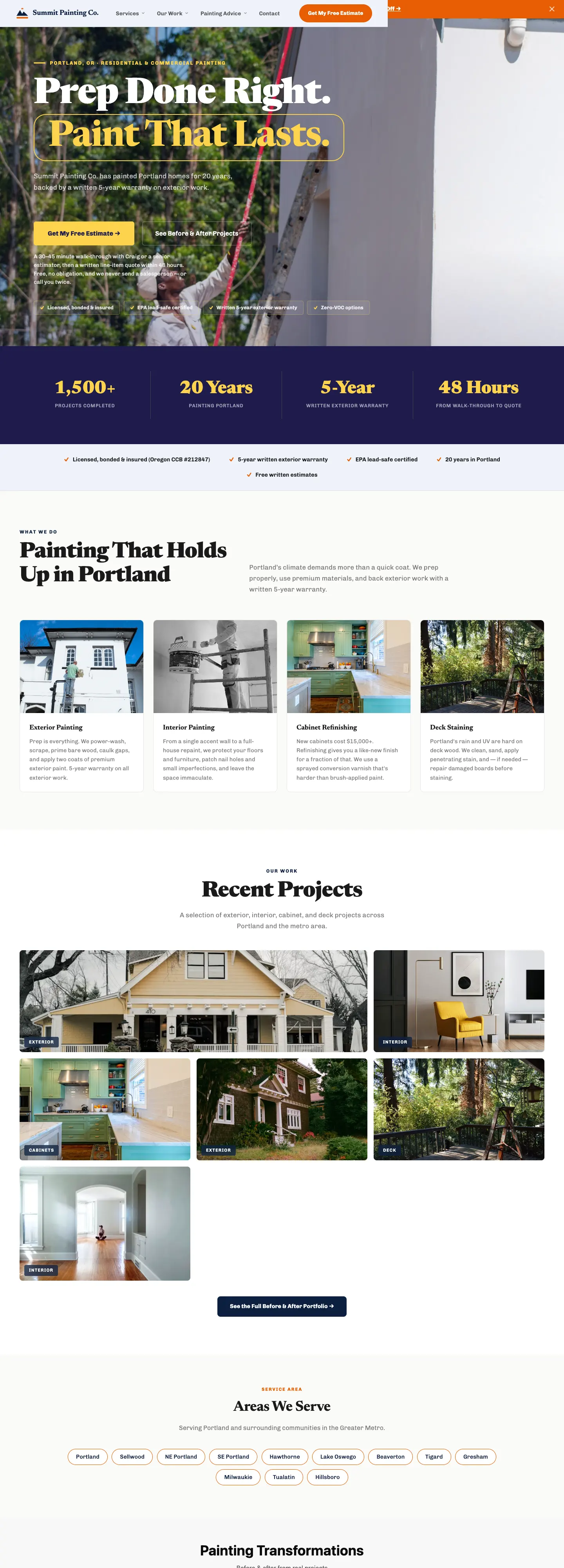 Full home page of Summit Painting Co., a painting contractor demo site built on WorkspaceCMS
