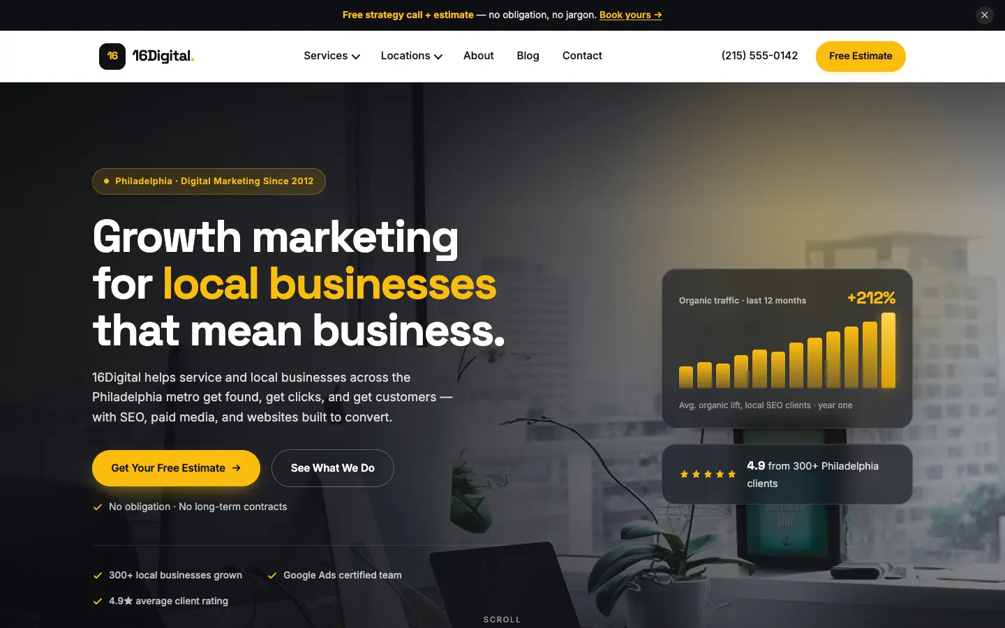 Screenshot of 16Digital, a Digital Marketing website built on WorkspaceCMS — Editorial Agency Positioning with Signal-Yellow Accent.