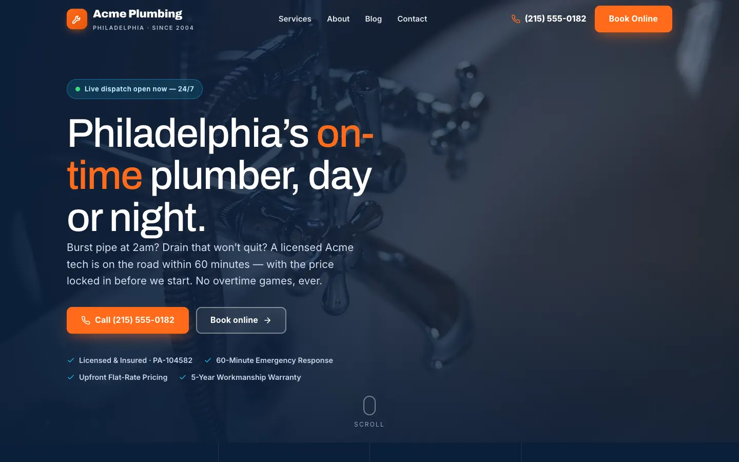 Screenshot of Acme Plumbing, a Plumbing website built on WorkspaceCMS — 24/7 Emergency Dispatch Positioning.
