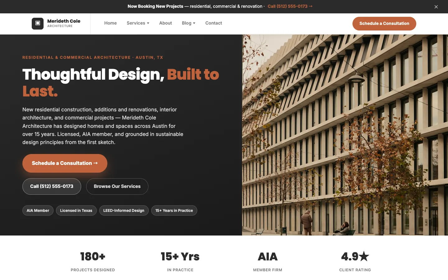 Screenshot of Merideth Cole Architecture, a Architecture Firm website built on WorkspaceCMS — Portfolio-Style Services Grid + Consultation Flow.
