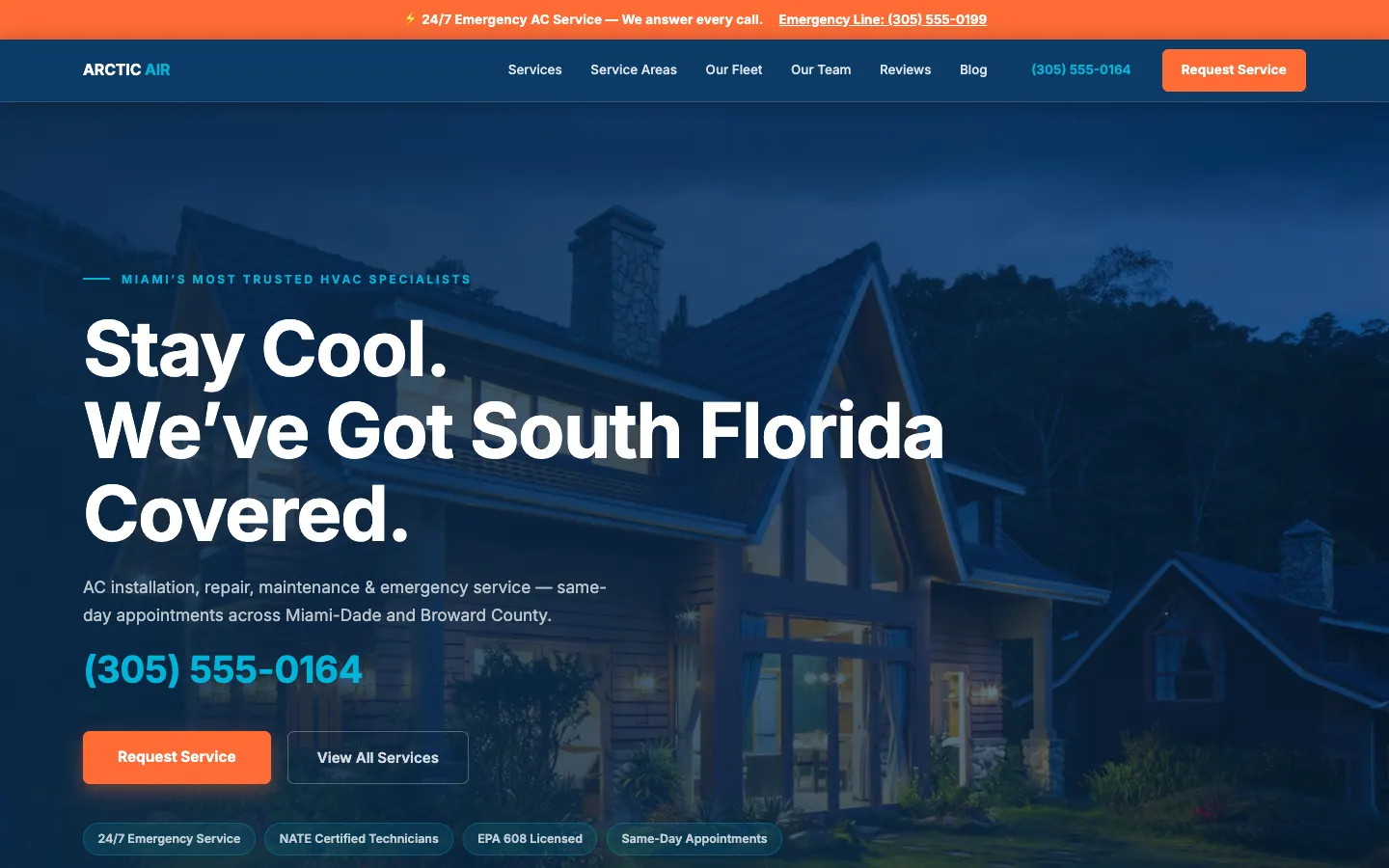 Screenshot of Arctic Air of South Florida, a HVAC & Climate Control website built on WorkspaceCMS — 10 NATE-Certified Techs + 35-Vehicle GPS Fleet + Emergency Service.