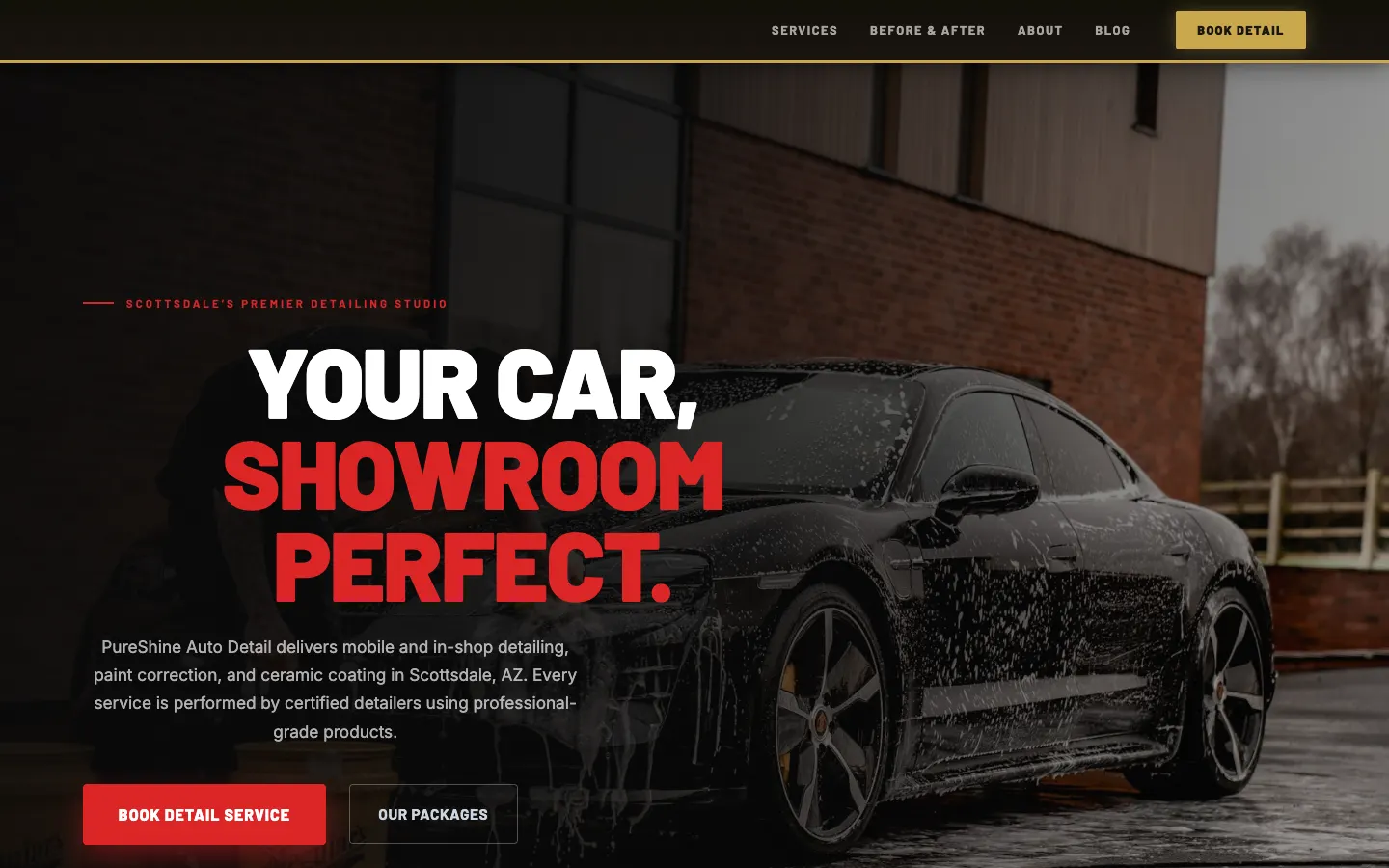 Screenshot of PureShine Auto Detail, a Auto Detailing website built on WorkspaceCMS — Tiered Detail Package Cards + Gold Pricing.
