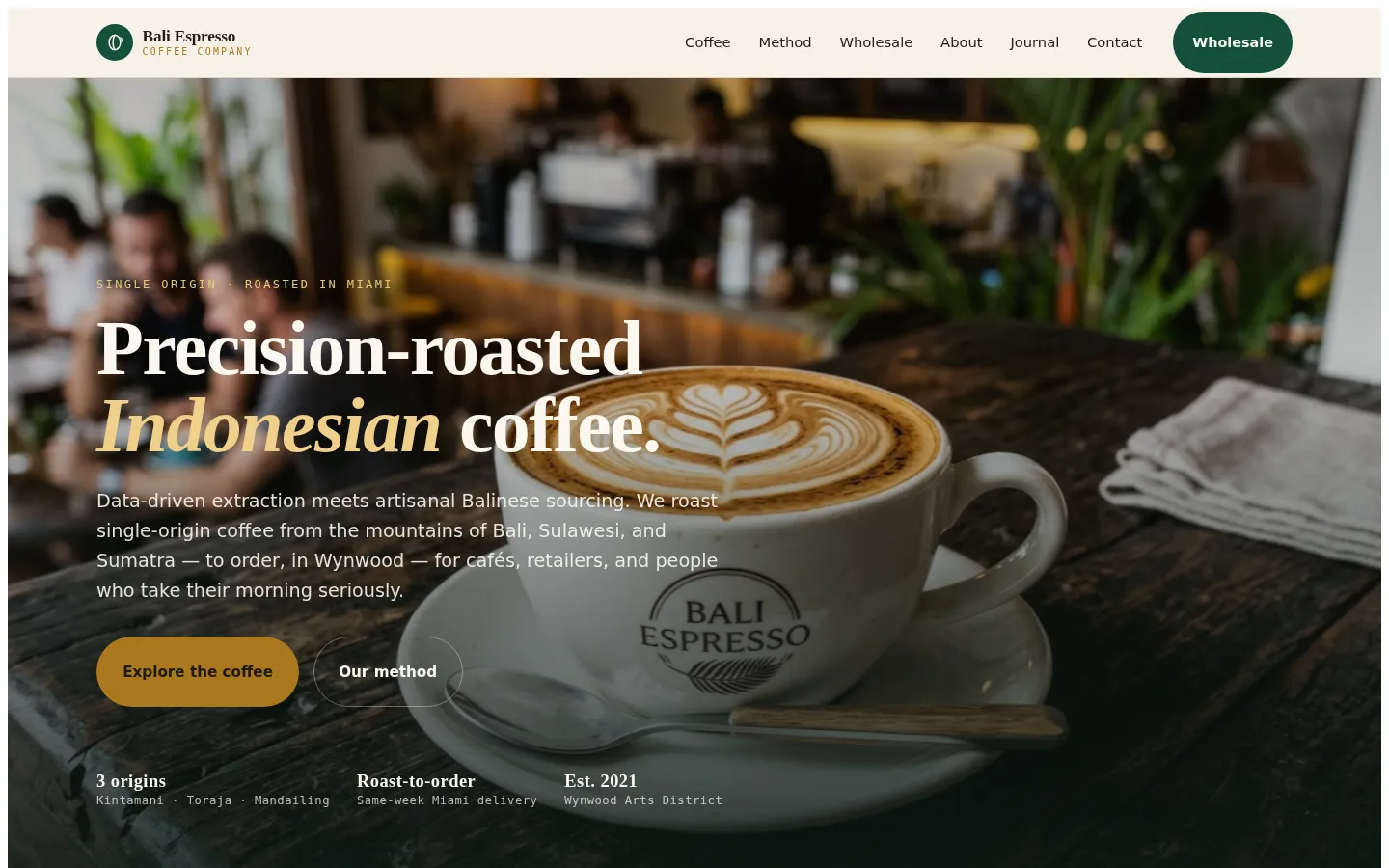 Bali Espresso Coffee Company — live specialty coffee roaster website built on WorkspaceCMS