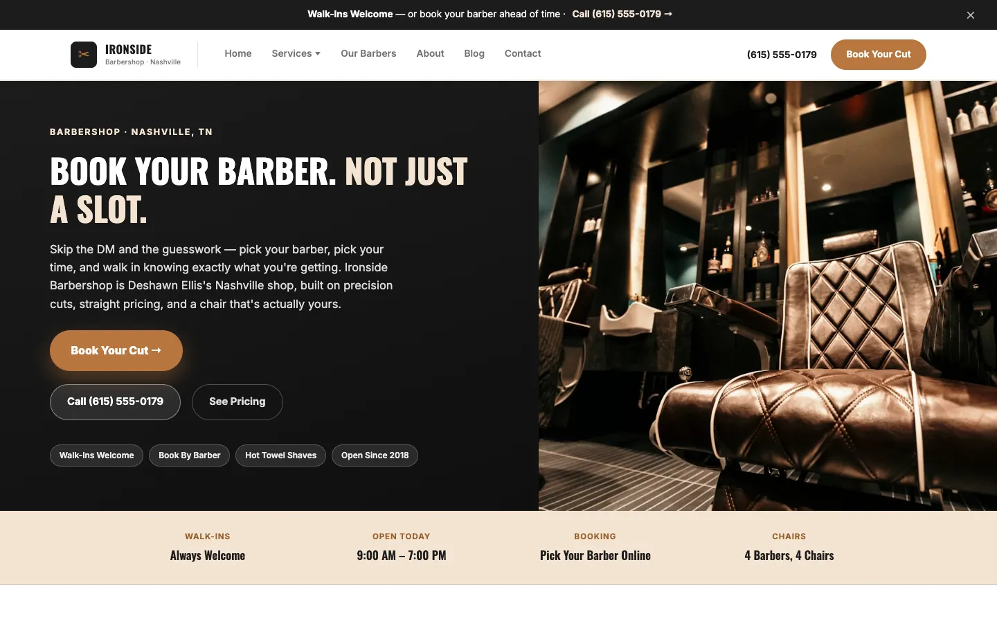 Screenshot of Ironside Barbershop, a Barbershop website built on WorkspaceCMS — Barber-Specific Booking + Barber Team Page.