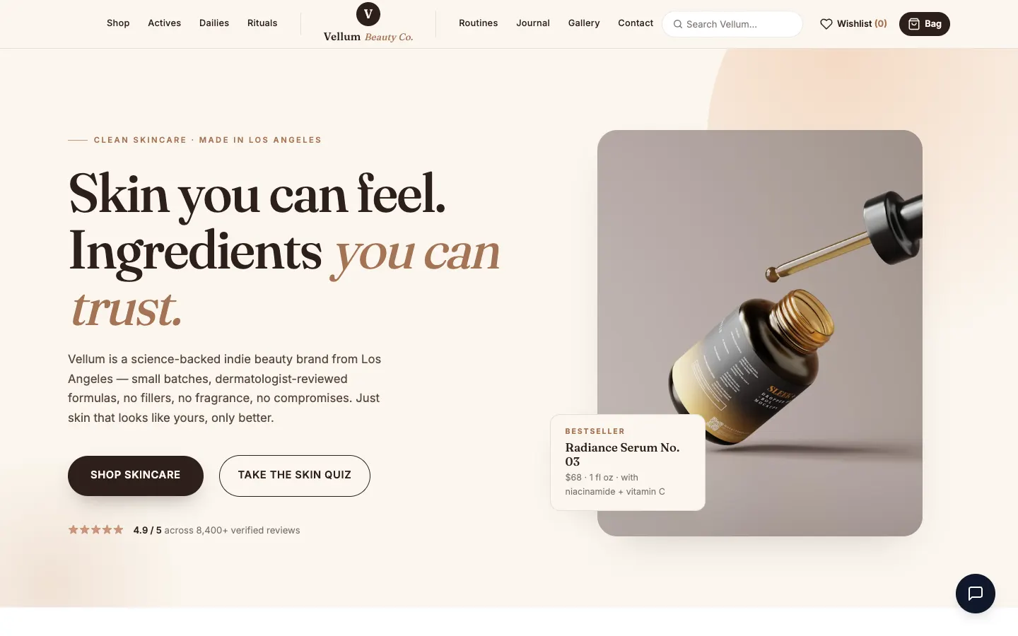Screenshot of Vellum Beauty Co., a Beauty & Cosmetics website built on WorkspaceCMS — Build-Your-Routine in 3 Steps.