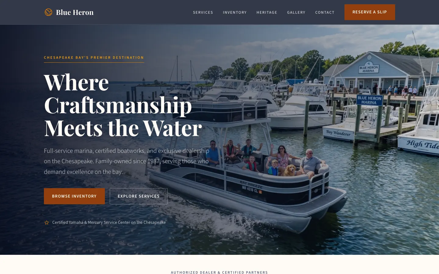 Blue Heron Marina & Boatworks — live marina & boat dealership website built on WorkspaceCMS