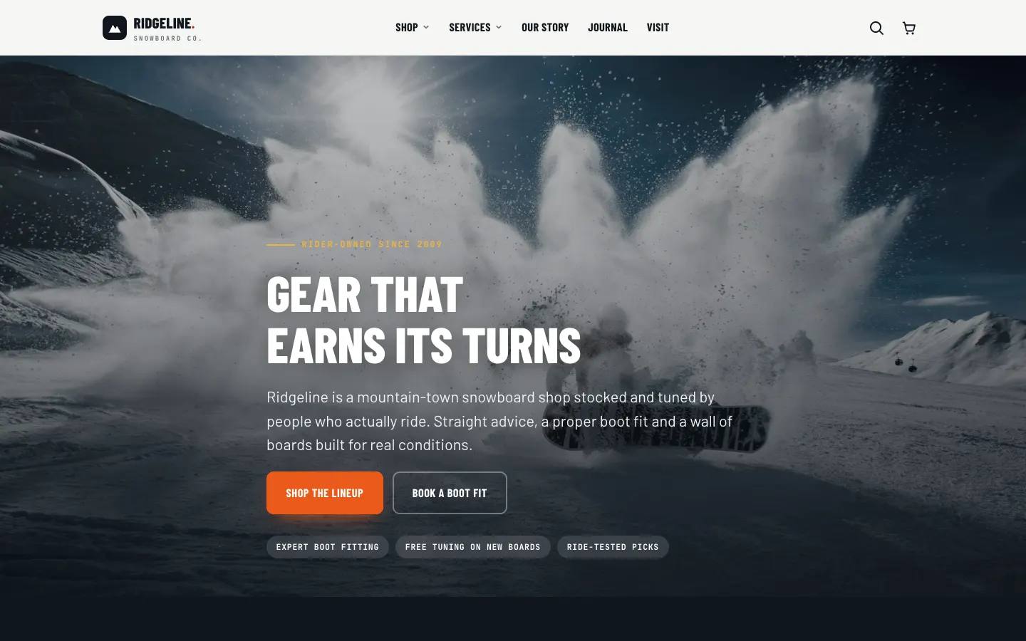 Ridgeline Board Co. — live Ski & Snowboard Shop website built on WorkspaceCMS