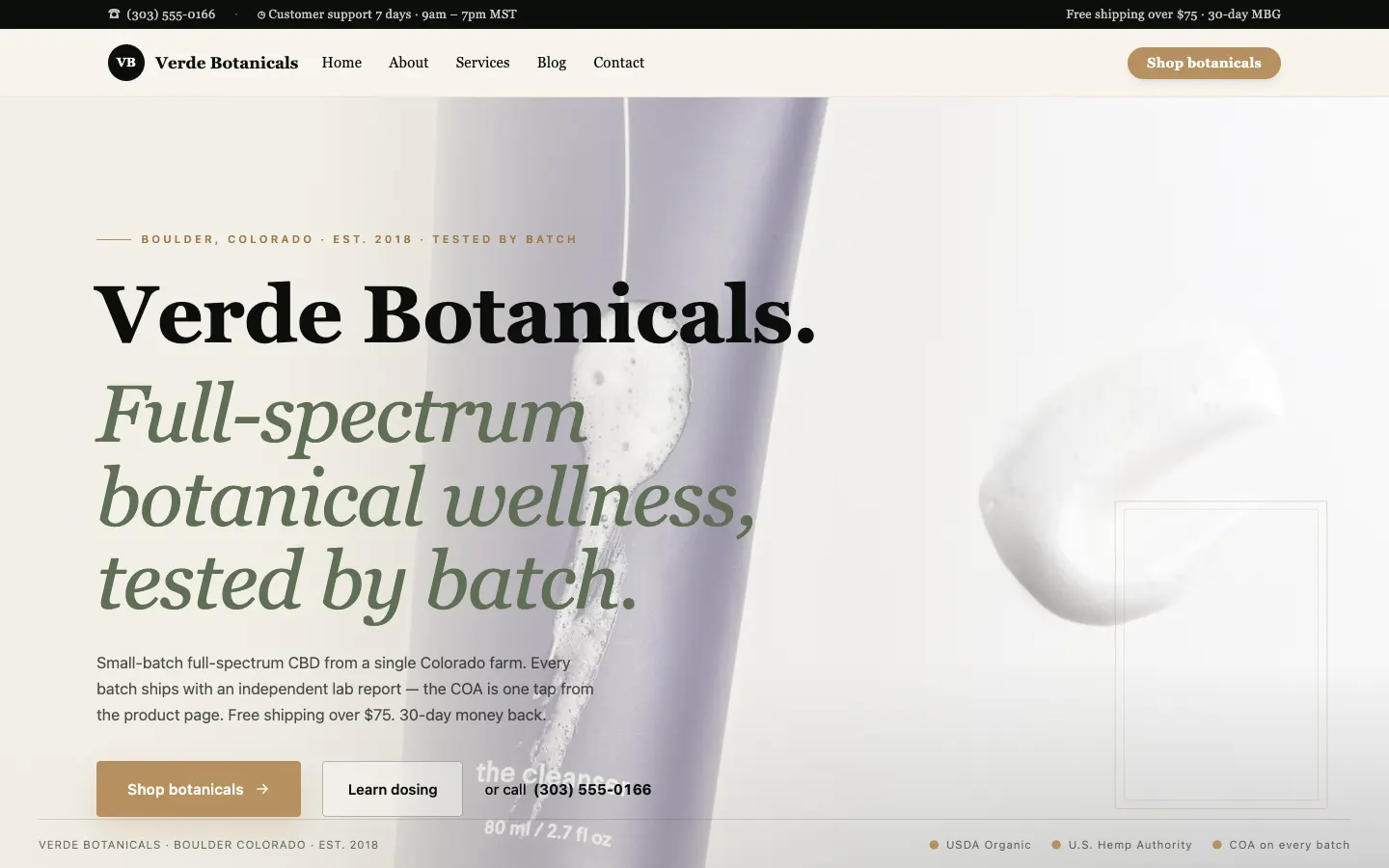 Screenshot of Verde Botanicals, a CBD / Wellness website built on Workspace CMS — Batch-Test Provenance.
