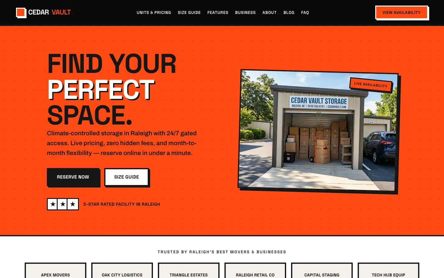 Cedar Vault Storage — live self-storage facility website built on WorkspaceCMS