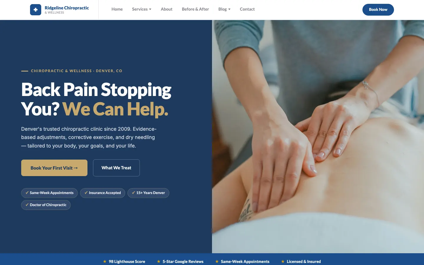 Screenshot of Ridgeline Chiropractic & Wellness, a Chiropractic Care website built on WorkspaceCMS — Online Booking + New Patient Portal.