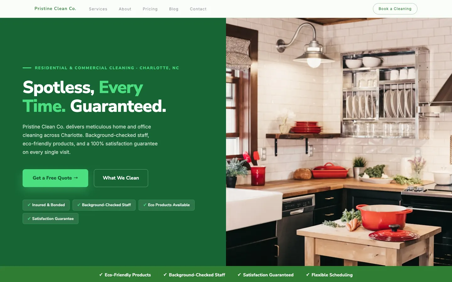 Screenshot of Pristine Clean Co., a Cleaning Services website built on WorkspaceCMS — Transparent Pricing Calculator.