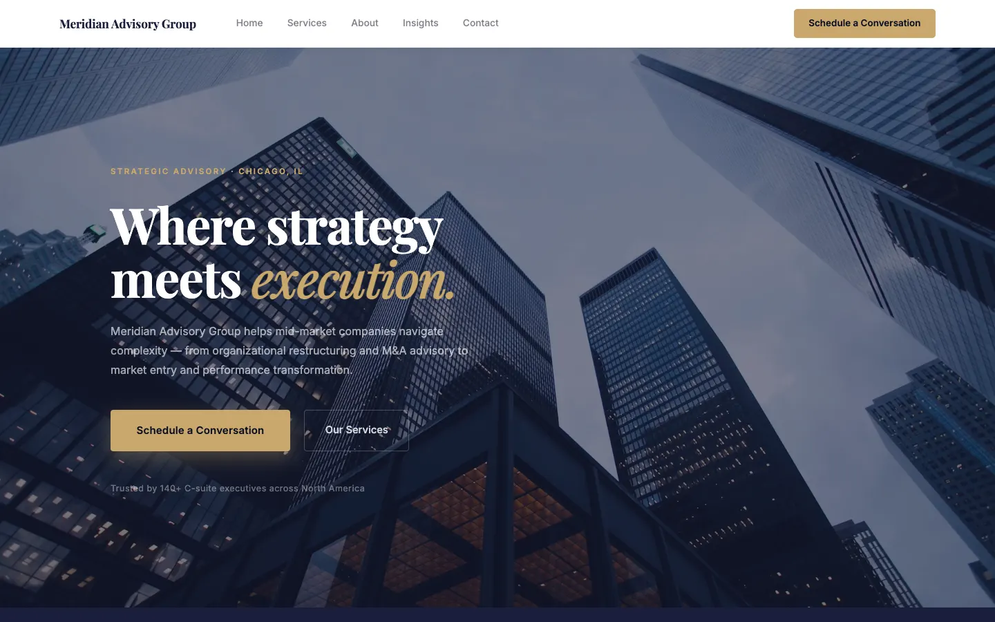 Screenshot of Meridian Advisory Group, a Corporate Consulting website built on WorkspaceCMS — Essentials: Boutique Consulting Firm.