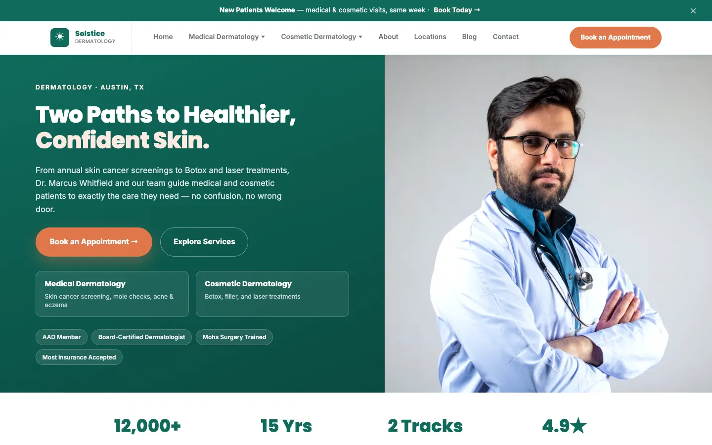 Screenshot of Solstice Dermatology, a Dermatology website built on WorkspaceCMS — Dual Medical + Cosmetic Patient Pathing.