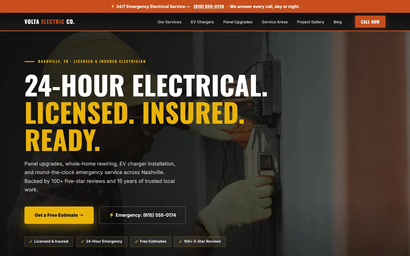 Screenshot of Volta Electric Co., a Electrical Contractor website built on WorkspaceCMS — Emergency Dispatch Banner + Before/After Gallery.
