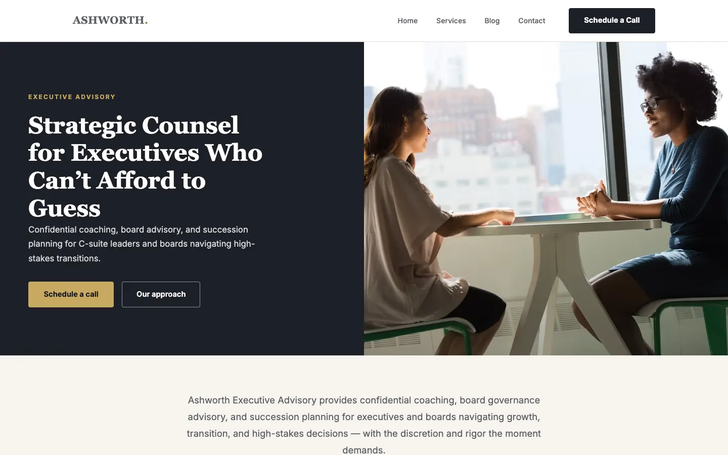 Screenshot of Ashworth Executive Advisory, a Executive Advisory website built on WorkspaceCMS — Essentials: Split-Panel Hero + Confidential Advisory Positioning.