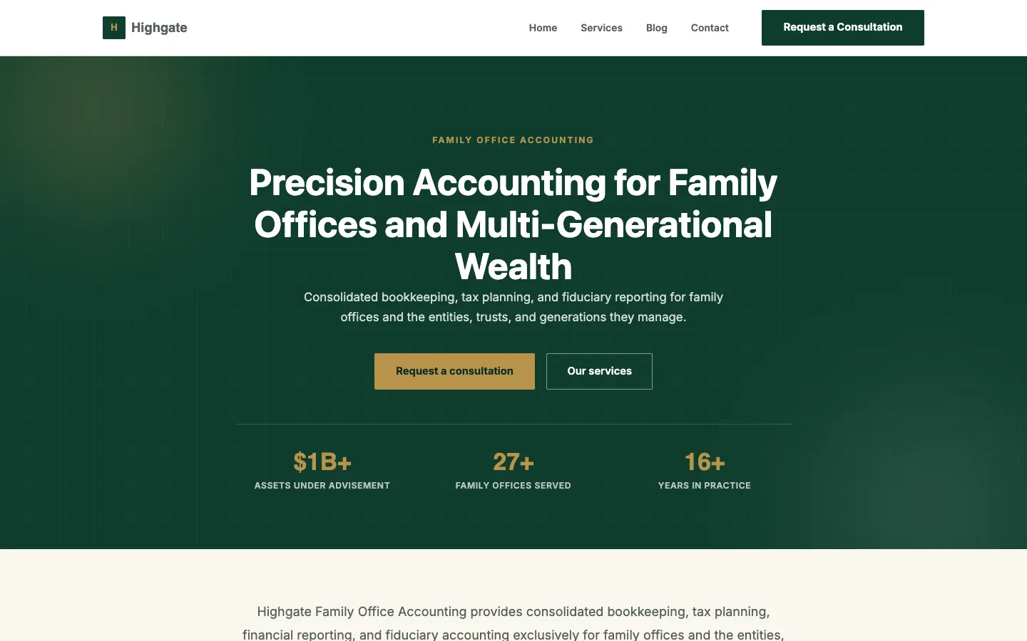 Screenshot of Highgate Family Office Accounting, a Family Office Accounting website built on WorkspaceCMS — Essentials: Stat-Driven Hero + Animated Pattern Background.