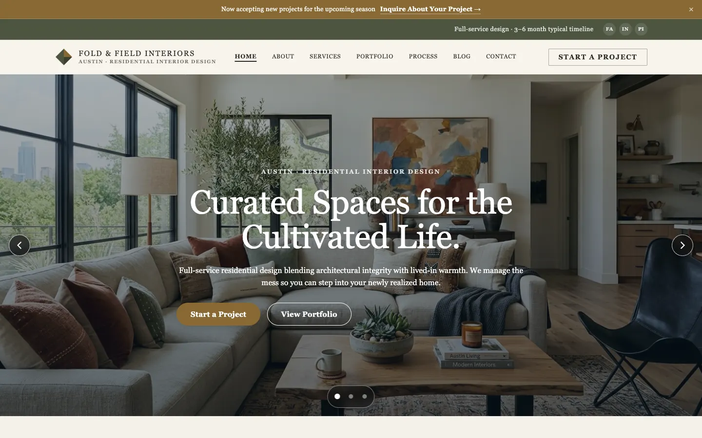 Fold & Field Interiors — live interior design website built on WorkspaceCMS