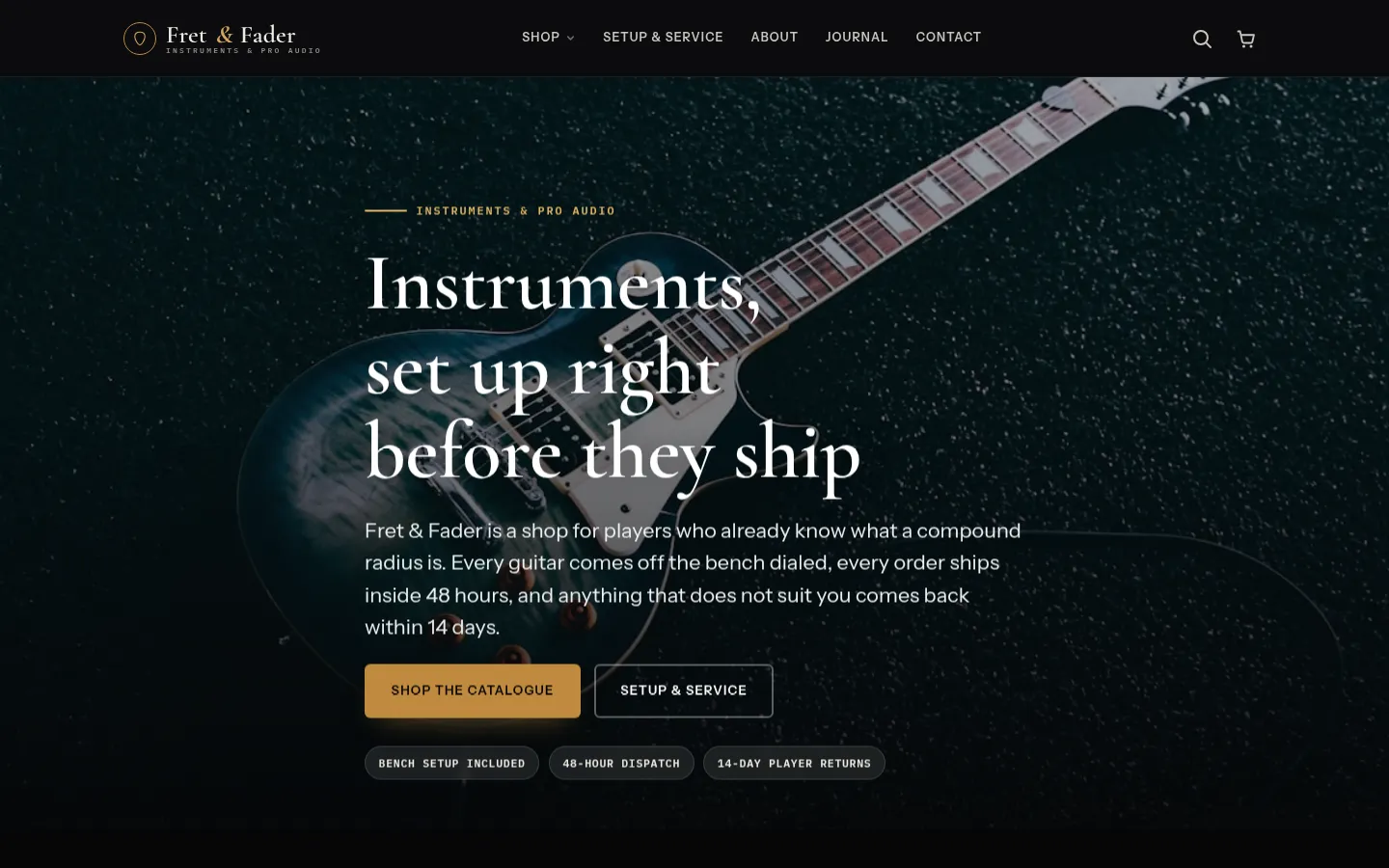 Fret & Fader — live musical instruments & pro audio website built on WorkspaceCMS