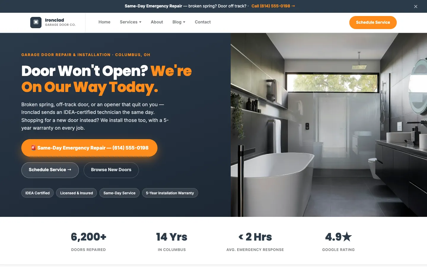 Screenshot of Ironclad Garage Door Co., a Garage Door Services website built on WorkspaceCMS — Same-Day Emergency Repair + Installation Booking.