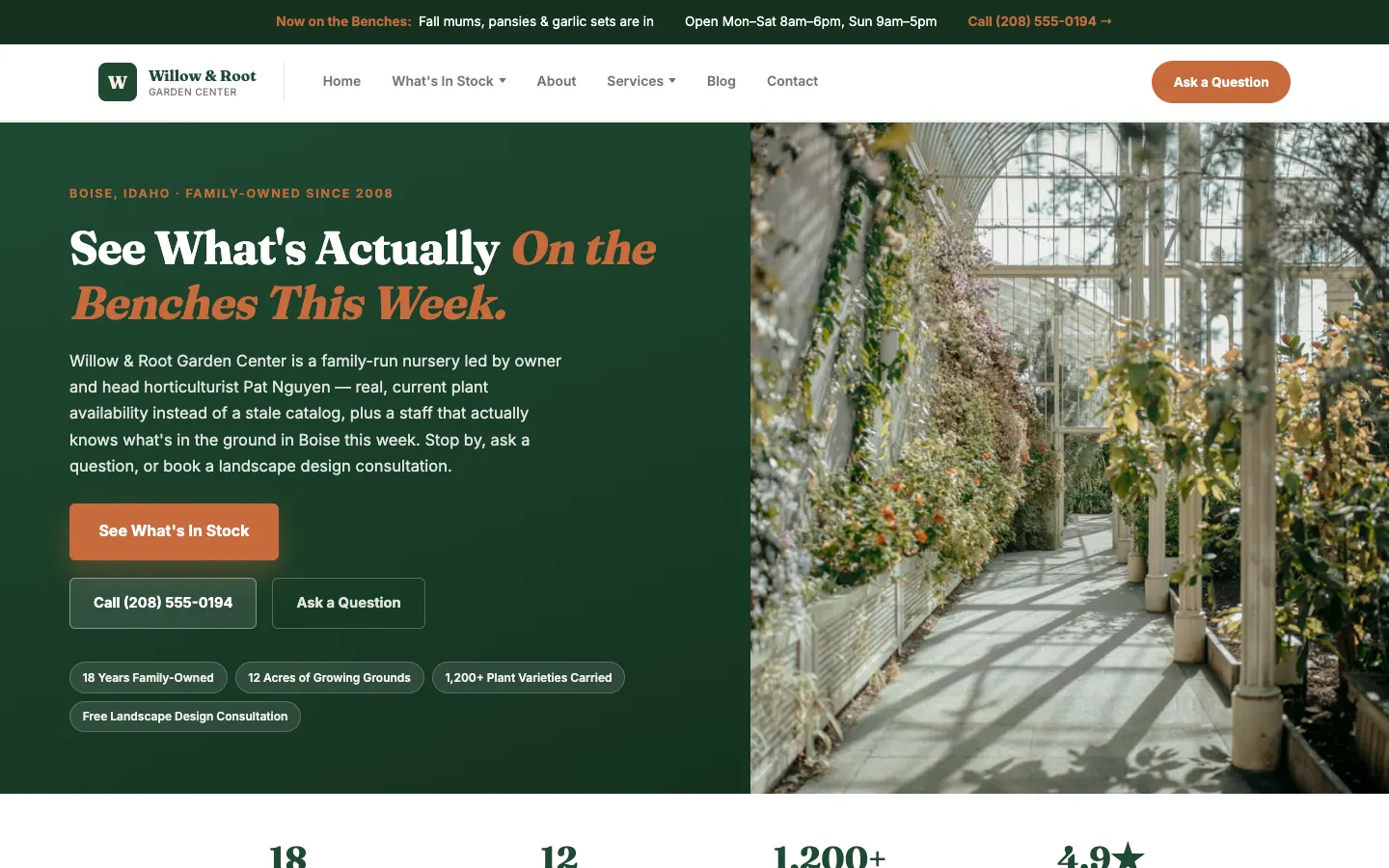 Screenshot of Willow & Root Garden Center, a Garden Center & Nursery website built on WorkspaceCMS — Seasonal Availability Showcase + Plant Care Guides.