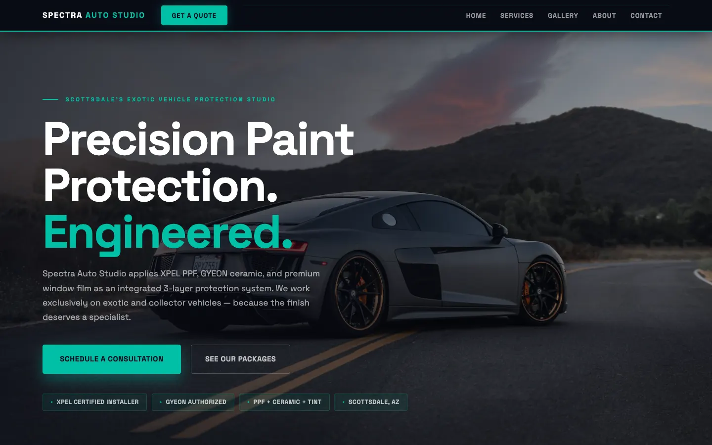 Screenshot of Spectra Auto Studio, a Ceramic Coating & PPF website built on WorkspaceCMS — 3-Layer Protection Stack (PPF + Ceramic + Window Film).