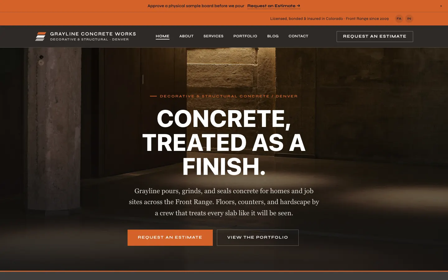 Grayline Concrete Works — live concrete contractor website built on WorkspaceCMS