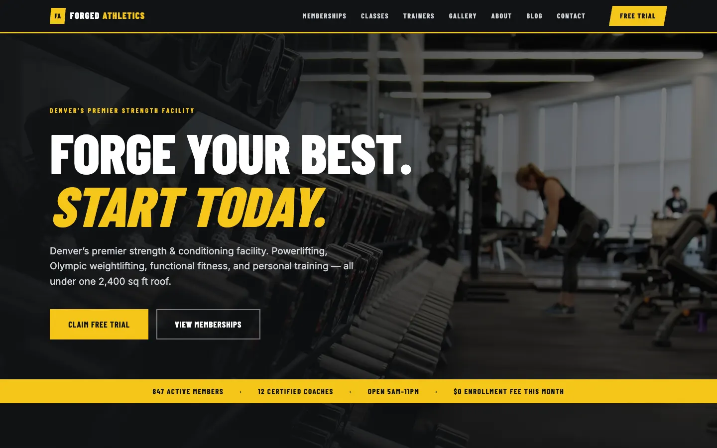 Screenshot of Forged Athletics, a Gym / Fitness website built on WorkspaceCMS — Membership Tiers + Free Trial Flow.