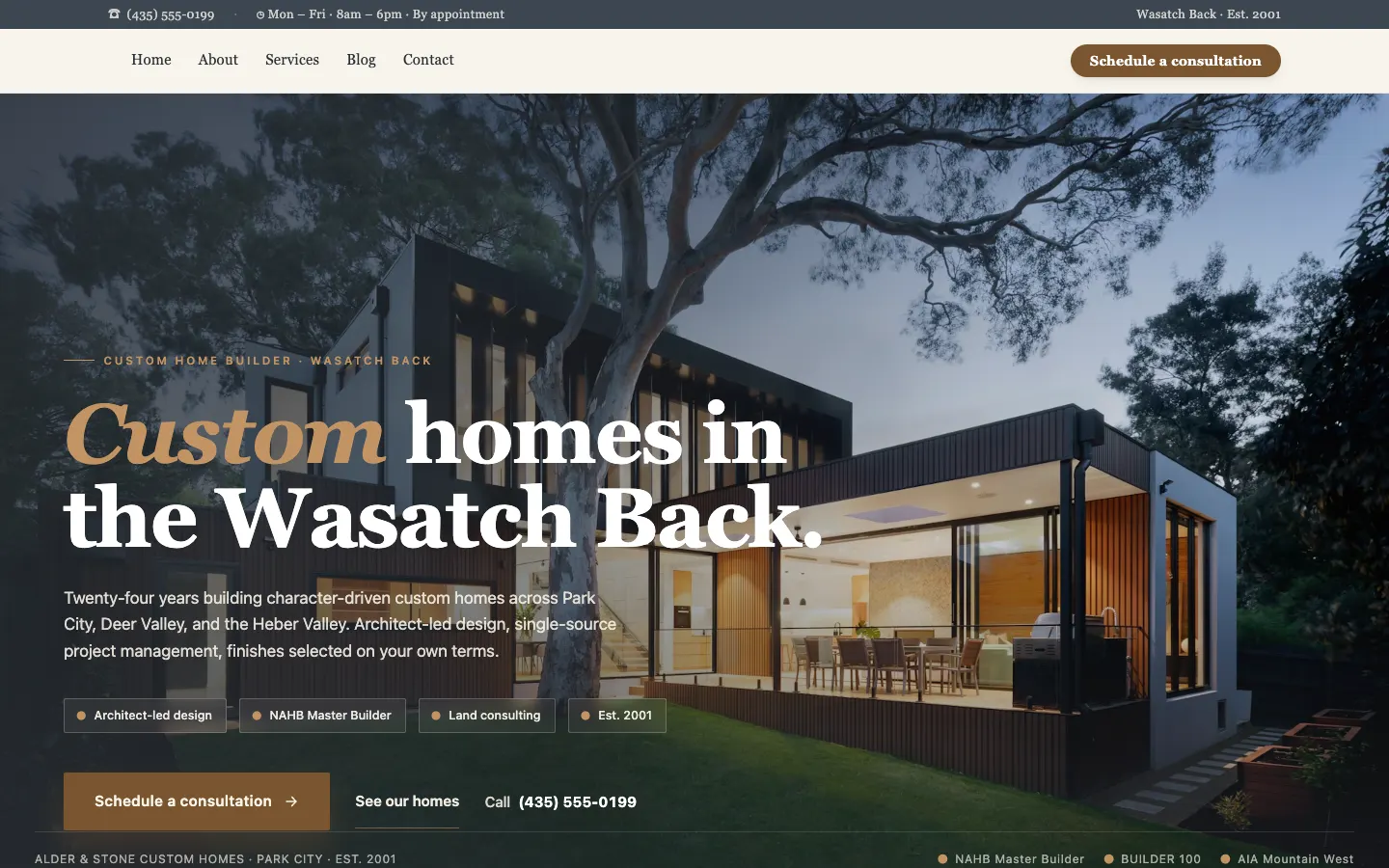 Screenshot of Alder & Stone Custom Homes, a Custom Home Builder website built on Workspace CMS — Land + Build Process Map.