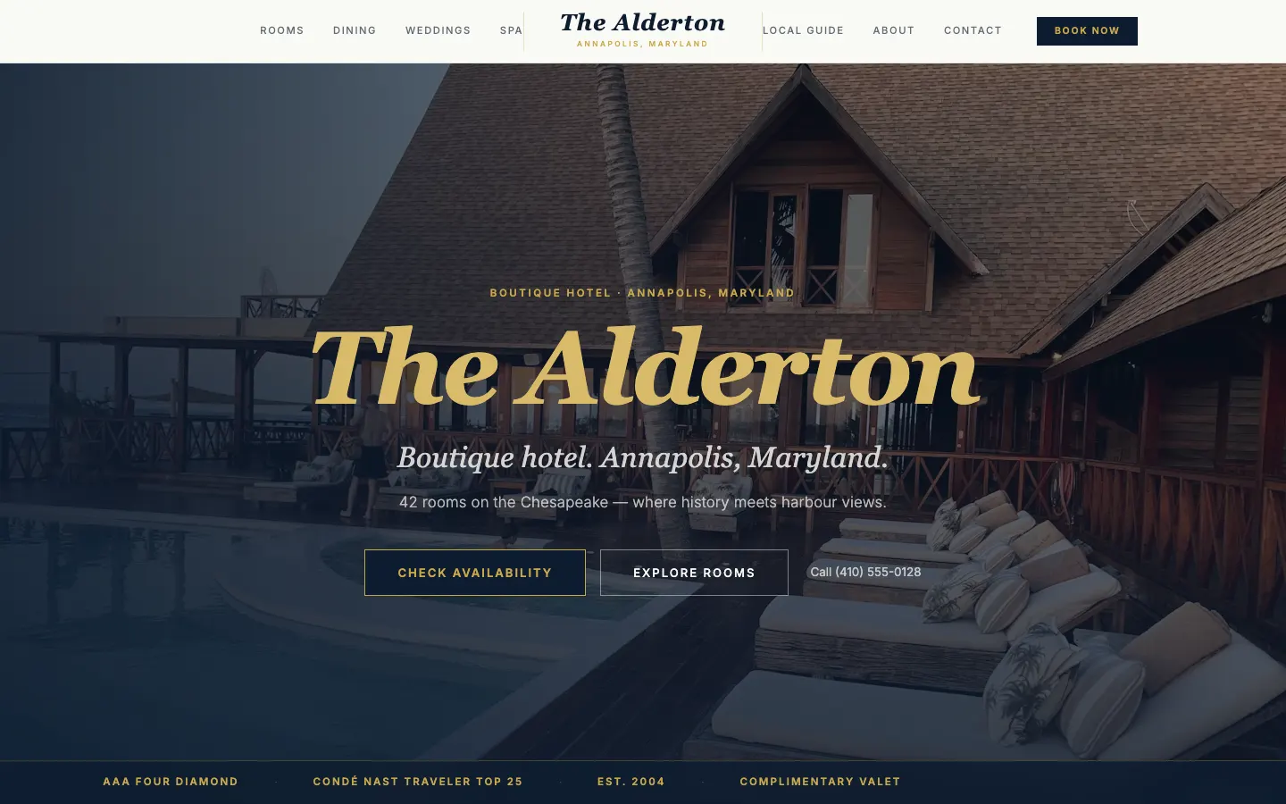 Screenshot of The Alderton, a Boutique Hotel website built on WorkspaceCMS — Direct Booking + Weddings Flow.