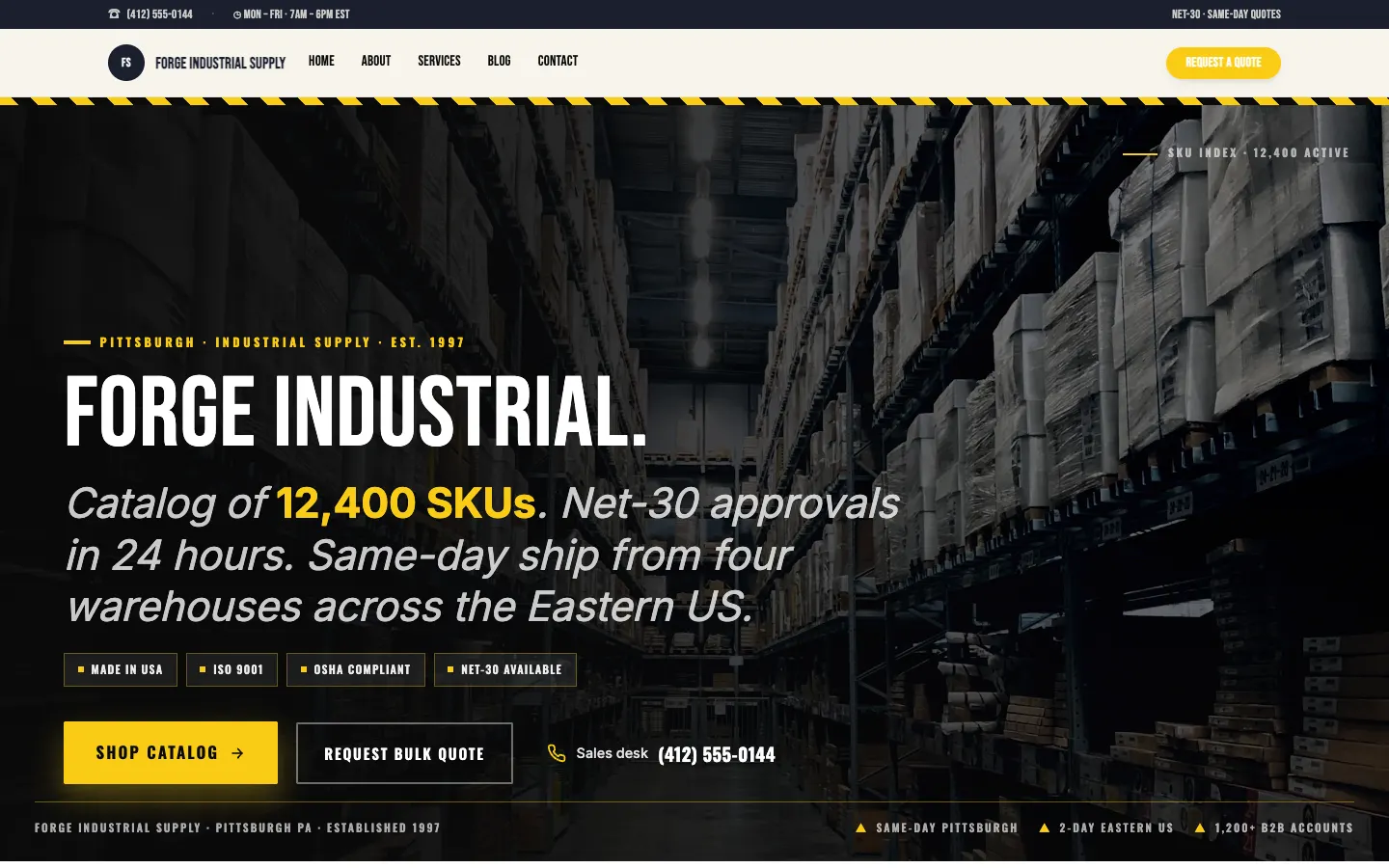 Screenshot of Forge Industrial Supply, a Industrial Supply website built on Workspace CMS — Net-30 Quote Builder.